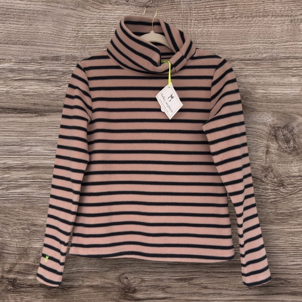 827 Dudley Stephens Juliet Turtleneck Khaki Black Stripe Vello Fleece Small NWT